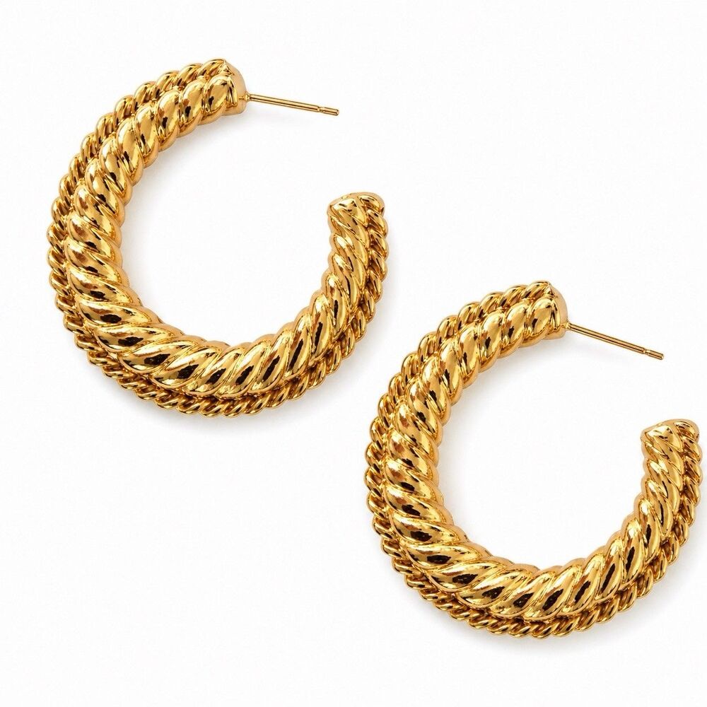 Vintage 1980s Gold Tone Braided Rope Hoop Earrings Chunky Woven Statement Hoops